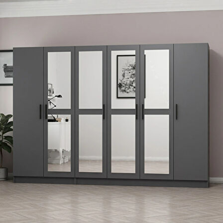 Minar Kale 6 Kapaklı 4 Aynalı 2 Çekmeceli Dolap Antrasit 210CM