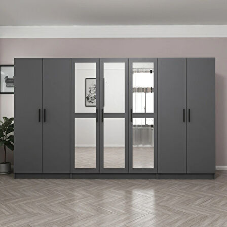 Minar Kale 7 Kapaklı 3 Aynalı 2 Çekmeceli Dolap Antrasit 210CM