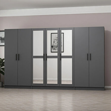 Minar Kale 7 Kapaklı 3 Aynalı 2 Çekmeceli Dolap Antrasit 210CM