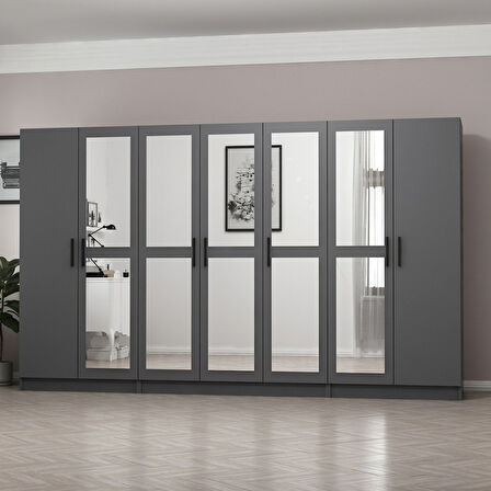 Minar Kale 7 Kapaklı 5 Aynalı 2 Çekmeceli Dolap Antrasit 210CM