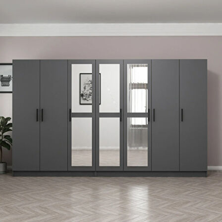 Minar Kale 7 Kapaklı 3 Aynalı 4 Çekmeceli Dolap Antrasit 210CM