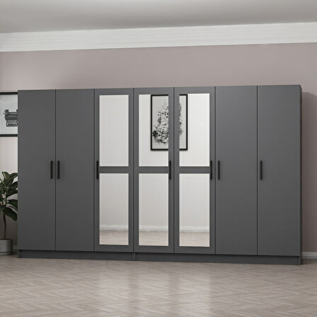 Minar Kale 7 Kapaklı 3 Aynalı 4 Çekmeceli Dolap Antrasit 210CM