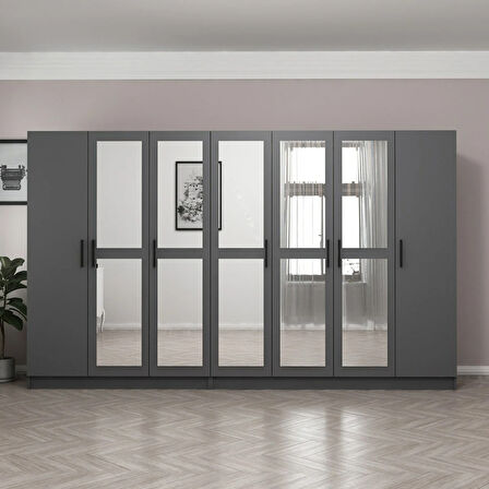 Minar Kale 7 Kapaklı 5 Aynalı 4 Çekmeceli Dolap Antrasit 210CM