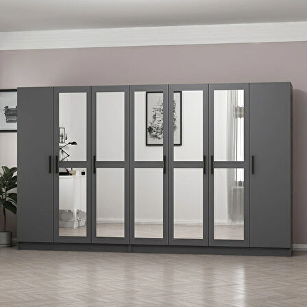 Minar Kale 7 Kapaklı 5 Aynalı 4 Çekmeceli Dolap Antrasit 210CM