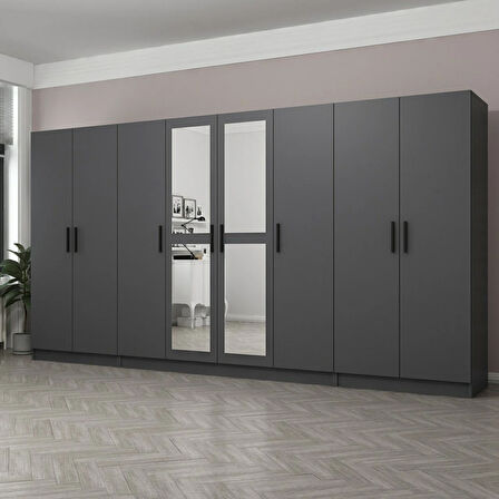 Minar Kale 8 Kapaklı 2 Aynalı 2 Çekmeceli Dolap Antrasit 210CM