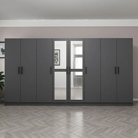 Minar Kale 8 Kapaklı 2 Aynalı 2 Çekmeceli Dolap Antrasit 210CM