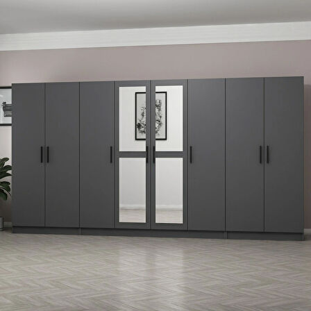 Minar Kale 8 Kapaklı 2 Aynalı 2 Çekmeceli Dolap Antrasit 210CM