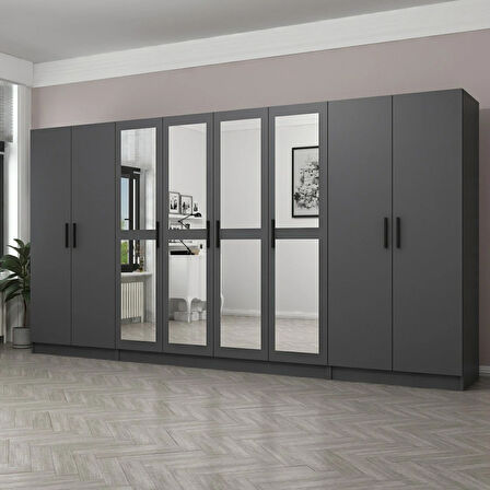 Minar Kale 8 Kapaklı 4 Aynalı 2 Çekmeceli Dolap Antrasit 210CM