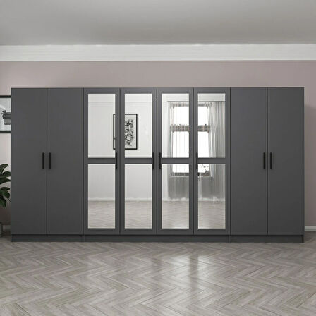 Minar Kale 8 Kapaklı 4 Aynalı 2 Çekmeceli Dolap Antrasit 210CM