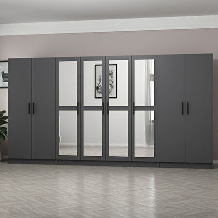 Minar Kale 8 Kapaklı 4 Aynalı 2 Çekmeceli Dolap Antrasit 210CM