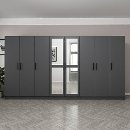 Minar Kale 8 Kapaklı 2 Aynalı 4 Çekmeceli Dolap Antrasit 210CM