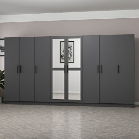 Minar Kale 8 Kapaklı 2 Aynalı 4 Çekmeceli Dolap Antrasit 210CM