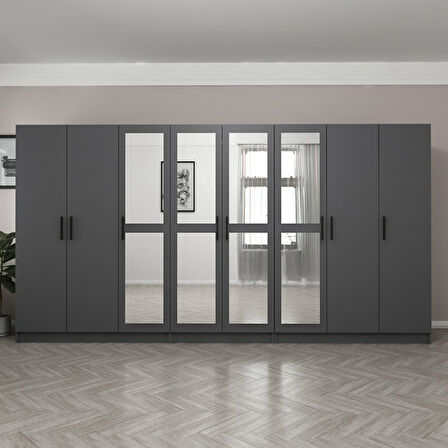 Minar Kale 8 Kapaklı 4 Aynalı 4 Çekmeceli Dolap Antrasit 210CM