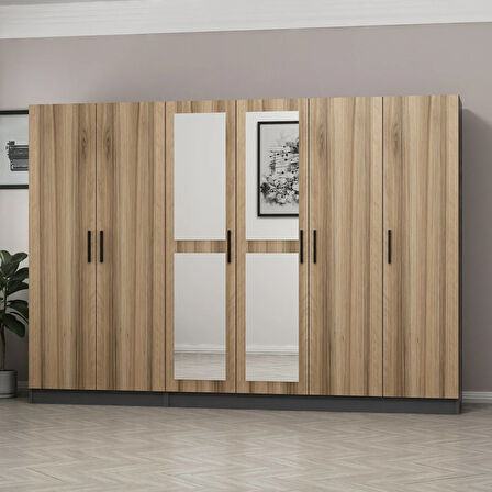 Minar Kale 6 Kapaklı 2 Aynalı 2 Çekmeceli Dolap Antrasit Dore 210CM