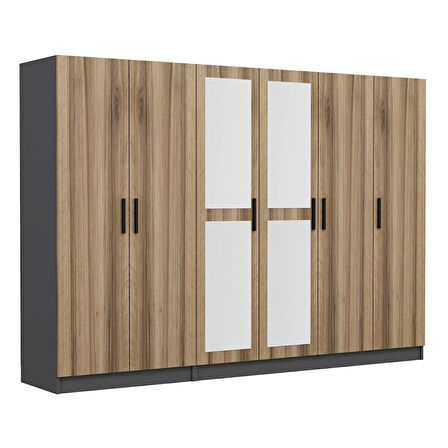 Minar Kale 6 Kapaklı 2 Aynalı 2 Çekmeceli Dolap Antrasit Dore 210CM