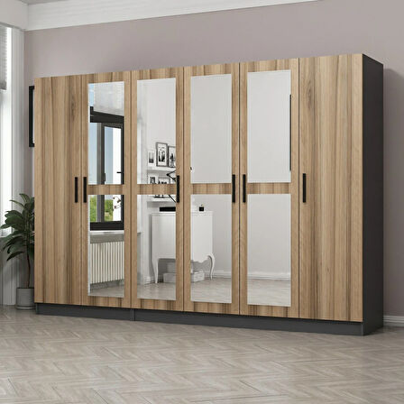 Minar Kale 6 Kapaklı 4 Aynalı 2 Çekmeceli Dolap Antrasit Dore 210CM