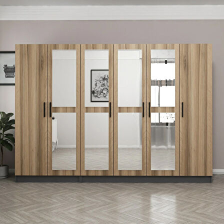 Minar Kale 6 Kapaklı 4 Aynalı 2 Çekmeceli Dolap Antrasit Dore 210CM