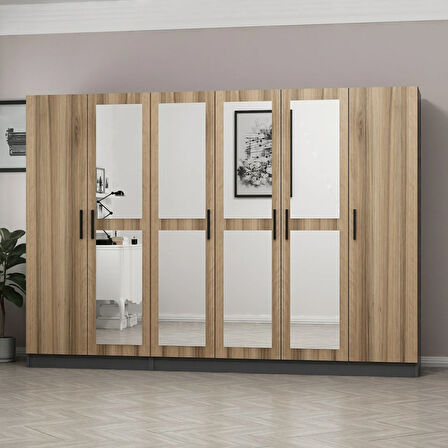 Minar Kale 6 Kapaklı 4 Aynalı 2 Çekmeceli Dolap Antrasit Dore 210CM