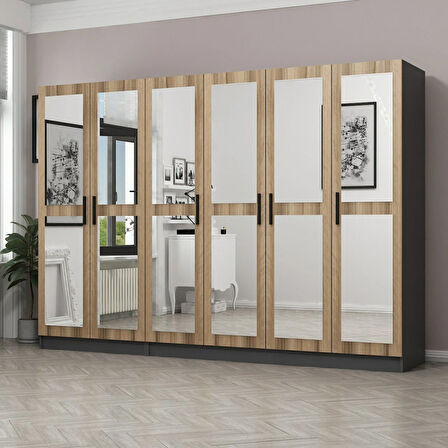 Minar Kale 6 Kapaklı 6 Aynalı 2 Çekmeceli Dolap Antrasit Dore 210CM