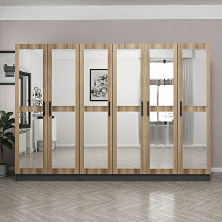 Minar Kale 6 Kapaklı 6 Aynalı 2 Çekmeceli Dolap Antrasit Dore 210CM