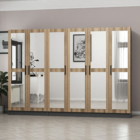 Minar Kale 6 Kapaklı 6 Aynalı 2 Çekmeceli Dolap Antrasit Dore 210CM