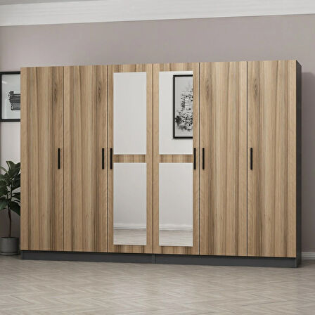 Minar Kale 6 Kapaklı 2 Aynalı 4 Çekmeceli Dolap Antrasit Dore 210CM