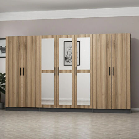 Minar Kale 7 Kapaklı 3 Aynalı 2 Çekmeceli Dolap Antrasit Dore 210CM