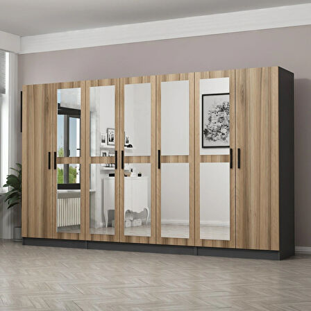 Minar Kale 7 Kapaklı 5 Aynalı 2 Çekmeceli Dolap Antrasit Dore 210CM