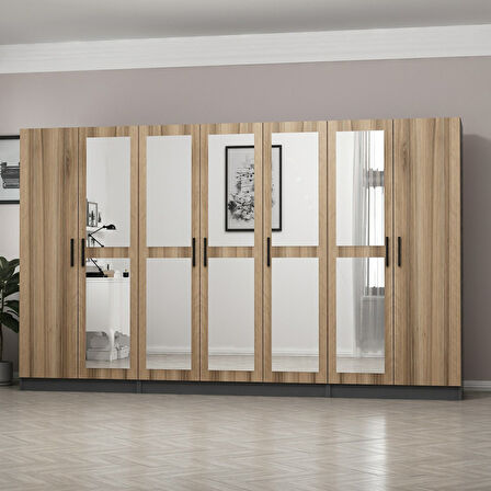 Minar Kale 7 Kapaklı 5 Aynalı 2 Çekmeceli Dolap Antrasit Dore 210CM