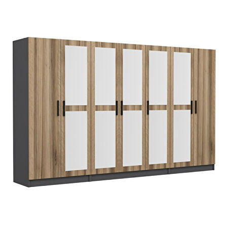 Minar Kale 7 Kapaklı 5 Aynalı 2 Çekmeceli Dolap Antrasit Dore 210CM