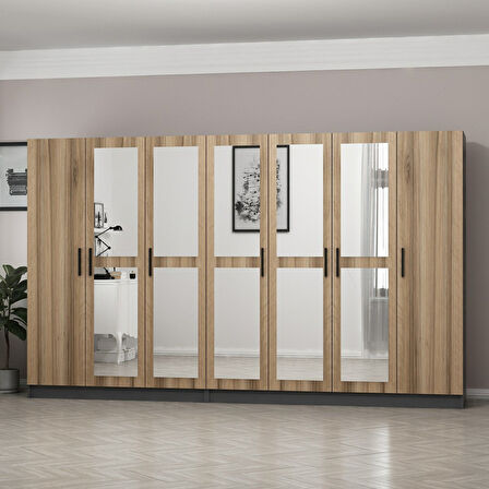 Minar Kale 7 Kapaklı 5 Aynalı 4 Çekmeceli Dolap Antrasit Dore 210CM