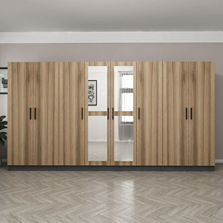 Minar Kale 8 Kapaklı 2 Aynalı 2 Çekmeceli Dolap Antrasit Dore 210CM