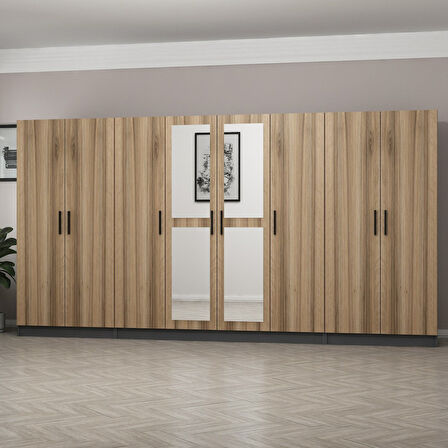 Minar Kale 8 Kapaklı 2 Aynalı 2 Çekmeceli Dolap Antrasit Dore 210CM