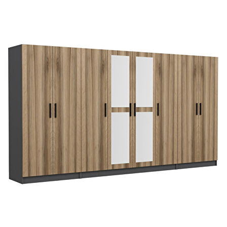 Minar Kale 8 Kapaklı 2 Aynalı 2 Çekmeceli Dolap Antrasit Dore 210CM