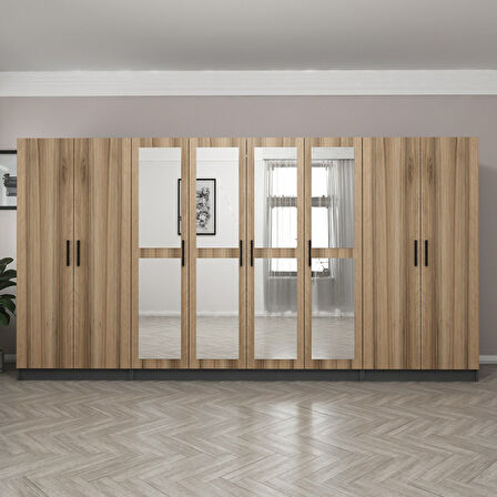 Minar Kale 8 Kapaklı 4 Aynalı 2 Çekmeceli Dolap Antrasit Dore 210CM