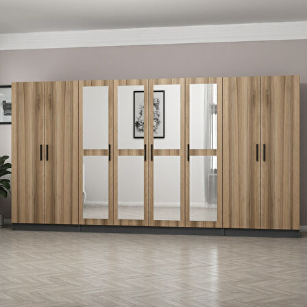 Minar Kale 8 Kapaklı 4 Aynalı 2 Çekmeceli Dolap Antrasit Dore 210CM