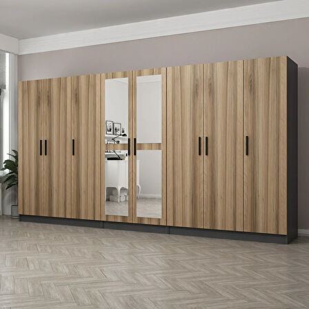 Minar Kale 8 Kapaklı 2 Aynalı 4 Çekmeceli Dolap Antrasit Dore 210CM