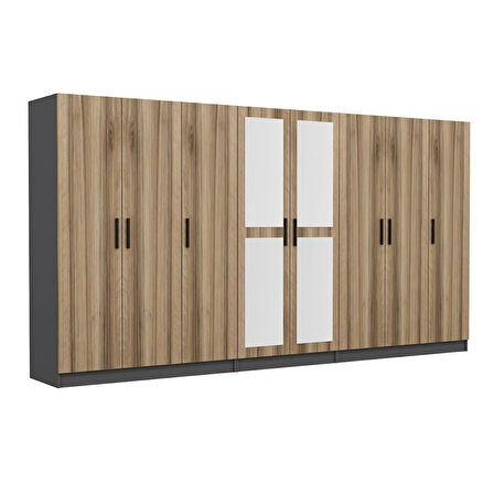 Minar Kale 8 Kapaklı 2 Aynalı 4 Çekmeceli Dolap Antrasit Dore 210CM