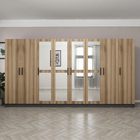 Minar Kale 8 Kapaklı 4 Aynalı 4 Çekmeceli Dolap Antrasit Dore 210CM