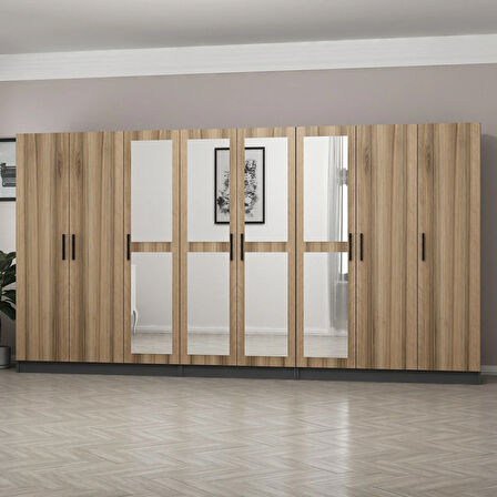 Minar Kale 8 Kapaklı 4 Aynalı 4 Çekmeceli Dolap Antrasit Dore 210CM