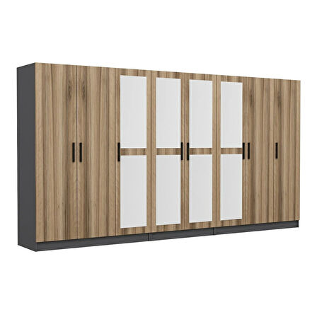 Minar Kale 8 Kapaklı 4 Aynalı 4 Çekmeceli Dolap Antrasit Dore 210CM