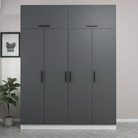 Minar Kale 4 Kapaklı 2 Çekmeceli Dolap Ve Yüklük Beyaz Antrasit 235CM