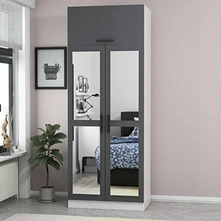 Minar Kale 2 Kapaklı 2 Aynalı Dolap Ve Yüklük Beyaz Antrasit 235CM