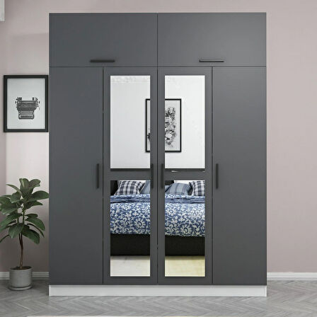 Minar Kale 4 Kapaklı 2 Aynalı 2 Ç Dolap Ve Yüklük Beyaz Antrasit 235CM