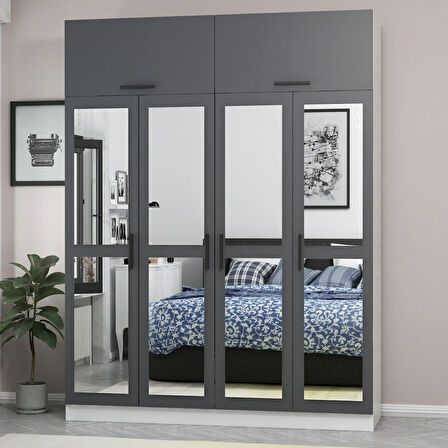 Minar Kale 4 Kapaklı 4 Aynalı 2 Ç Dolap ve Yüklük Beyaz Antrasit 235CM