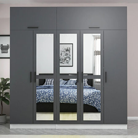 Minar Kale 5 Kapaklı 3 Aynalı 2 Ç Dolap Ve Yüklük Beyaz Antrasit 235CM