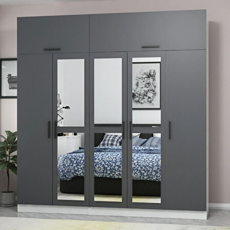 Minar Kale 5 Kapaklı 3 Aynalı 2 Ç Dolap Ve Yüklük Beyaz Antrasit 235CM