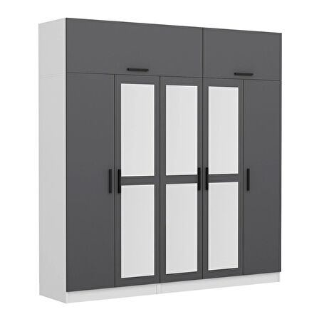 Minar Kale 5 Kapaklı 3 Aynalı 2 Ç Dolap Ve Yüklük Beyaz Antrasit 235CM