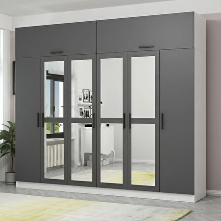 Minar Kale 6 Kapaklı 4 Aynalı 2 Ç Dolap Ve Yüklük Beyaz Antrasit 235CM