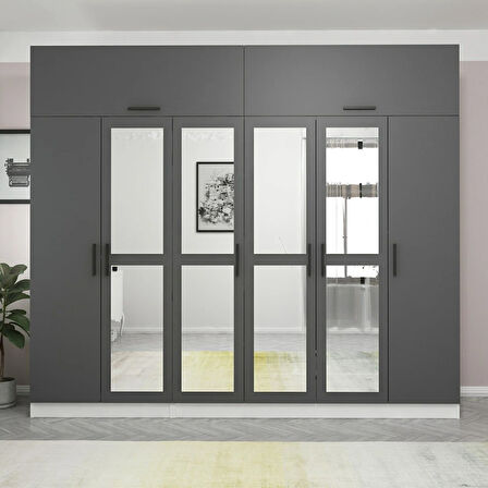 Minar Kale 6 Kapaklı 4 Aynalı 2 Ç Dolap Ve Yüklük Beyaz Antrasit 235CM